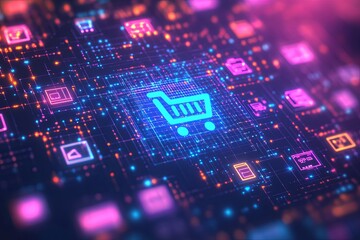 Glowing blue holographic shopping cart surrounded by digital symbols representing online shopping, payment, security, and product categories, with a vibrant bokeh background