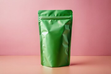 Close-Up of Matt Green Doypack Stand-Up Pouch with Zipper on Soft Pink Background, Ideal for Packaging, Branding, and Product Display Photography