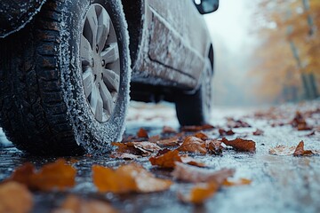  Car tire on icy autumn road with fallen leaves, highlighting seasonal driving safety and road conditions awareness