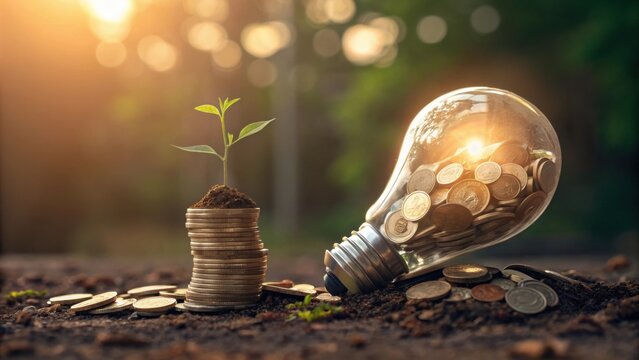 A lightbulb filled with coins illuminating the surroundings symbolizing the bright future of wise saving and investing decisions.