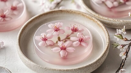 Delicate Cherry Blossoms Encased in Transparent Resin on Elegant Plate, Soft Focus Background Enhancing the Beauty of Nature and Artistry in Floral Design