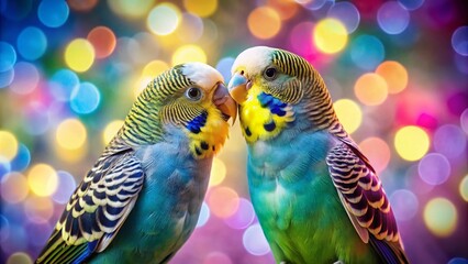 Obraz premium Close-Up of Two Affectionate Budgerigars in a Vibrant Bokeh Background Capturing Their Bonding Moment in Soft Focus and Bright Colors