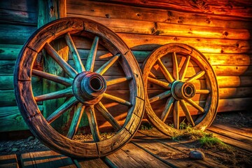 Obraz premium Close-Up of Two Vintage Wagon Wheels in Low Light, Capturing Rustic Charm and Texture with a Warm Atmosphere, Ideal for Historical or Artistic Projects