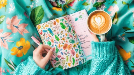 Cozy Coffee and Colorful Journal on Floral Background