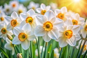 Fototapeta premium Close-Up Photography of White Narcissus Blooms Showcasing Delicate Petals and Vibrant Green Leaves for Nature and Floral Enthusiasts
