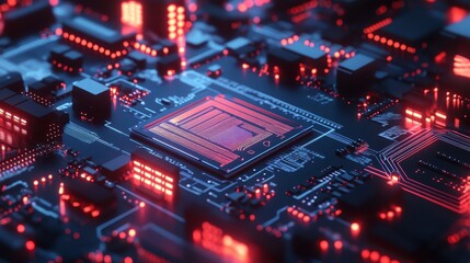 Obraz premium Illuminated Microchip Circuit Board Technology Detail