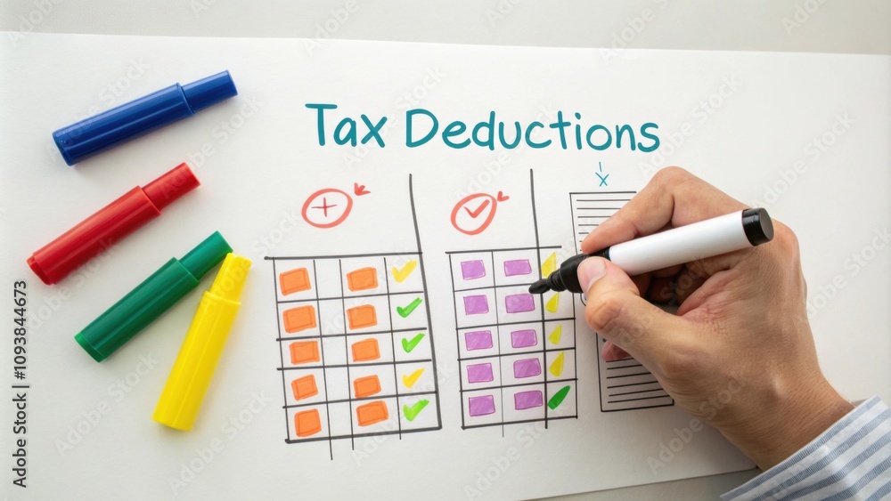 Poster a chart on a whiteboard showing potential tax deductions with colorful markers indicating different 