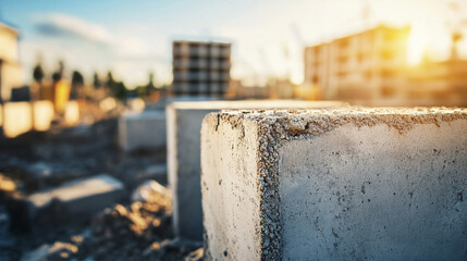 concrete block, with construction materials and blurred background, highlighting the symbolism of foundation, building, and progress in construction projects