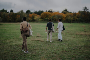 Three friends leisurely stroll through a picturesque countryside field amidst the colors of autumn foliage, capturing a moment of outdoor camaraderie and nature enjoyment.