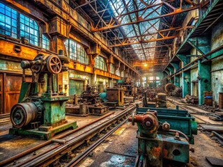 Fototapeta premium Close-up View of an Abandoned Empty Assembly Line in an Urban Exploration Setting, Highlighting Industrial Details and Textures of Machinery and Equipment for Exploring Forgotten Spaces
