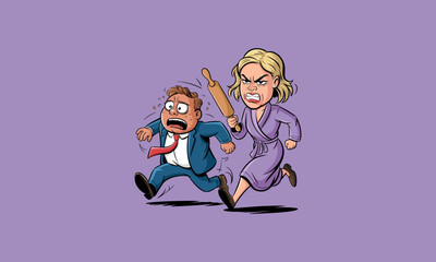 Angry woman chasing scared man with rolling pin