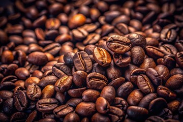 Naklejka premium Close-Up View of Dark, Freshly Roasted Coffee Beans on a Coffee Bean Background, Capturing the Richness and Texture of Coffee in a Surreal and Dreamlike Setting