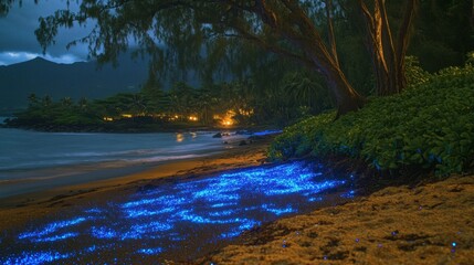 Bioluminescent Beach at Night with Gentle Waves