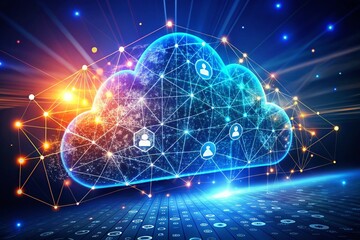 Fototapeta premium Cloud and Edge Computing Technology Concept Illustrating Cybersecurity Data Protection with Prominent Cloud Icon and Interconnected Polygons on a Dark Blue Background