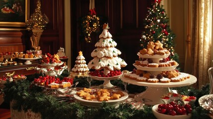 Festive Holiday Dessert Table Display with Christmas Cookies, Cakes, and Decorations in a Beautifully Decorated Interior Setting with Warm Lighting