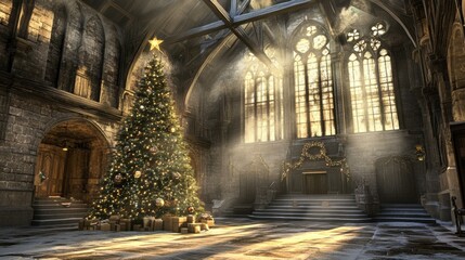 Fototapeta premium Festive Holiday Scene with Christmas Tree in Grand Hall