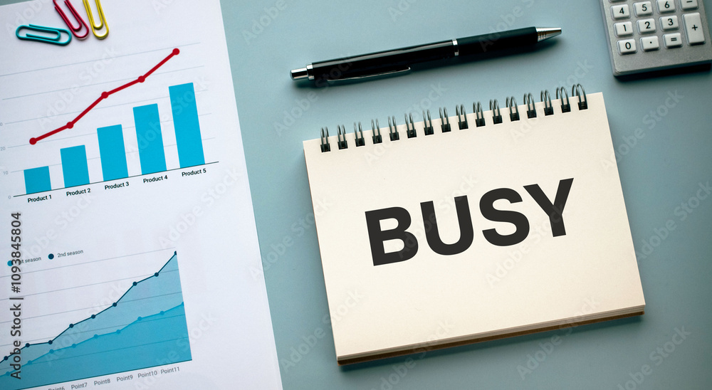 Poster there is notebook with the word busy. it is as an eye-catching image.