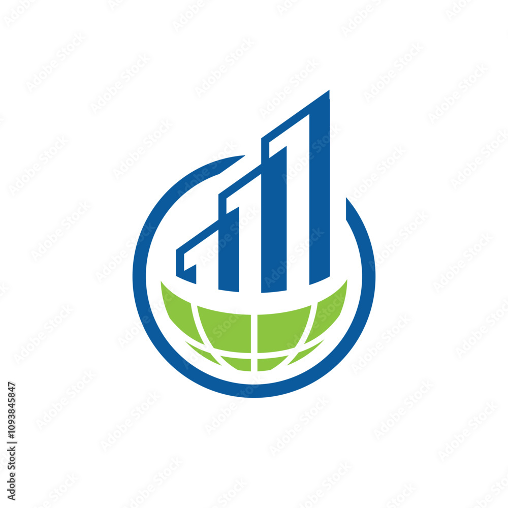 Poster this is a logo design of a blue graph bar in skyscrapers building shape that stand on a half globe s