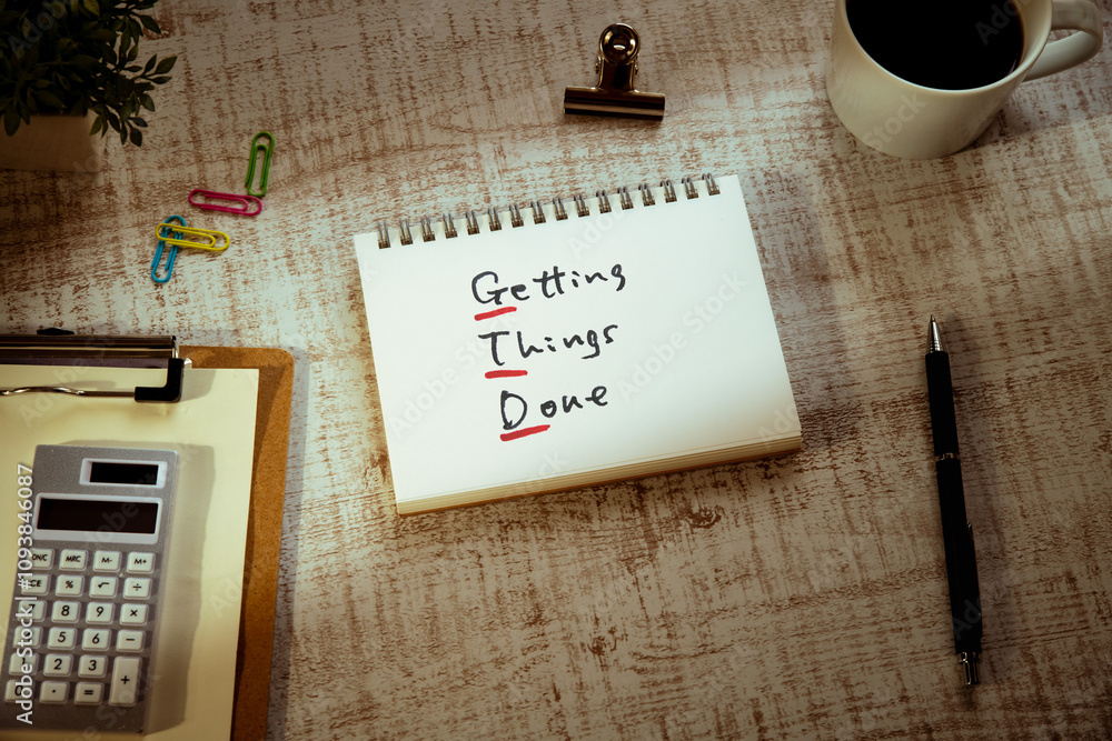 Poster there is notebook with the word getting things done. it is as an eye-catching image.