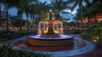 Serene Nighttime Fountain with Illuminated Water Flow