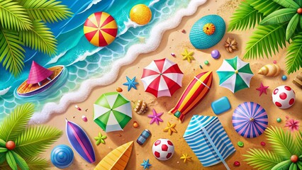 Colorful Cartoon Illustrations of Beach Essentials and Activities for Fashion Photography Inspiration and Summer Vibes in a Vibrant Tropical Setting