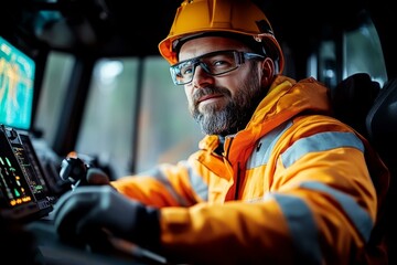  Logging professional operating forestry equipment in safety gear inside vehicle cabin, focus on technology and safety.