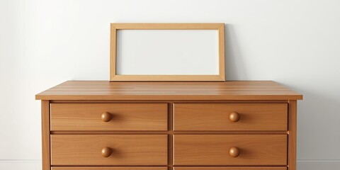 A bare wooden surface on the top of a chest of drawers without any picture frame, clean, empty space