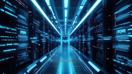 Fototapeta premium Futuristic Server Room Corridor Data Center