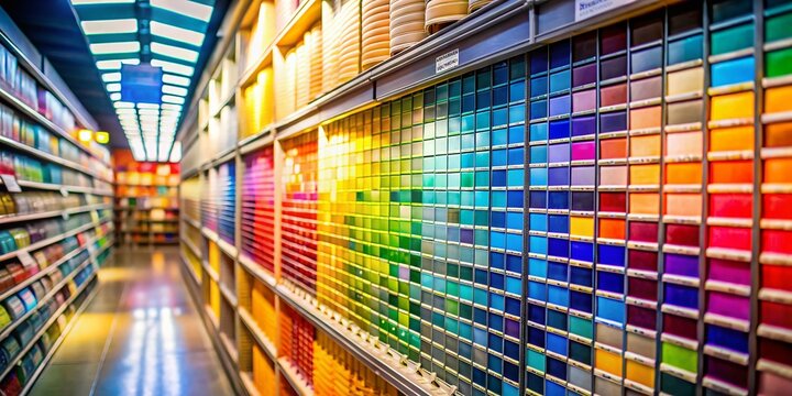 Colorful Display of Paint Swatches on Wall in Hardware Store with a Tilt-Shift Effect for a Unique Perspective on Home Improvement Choices