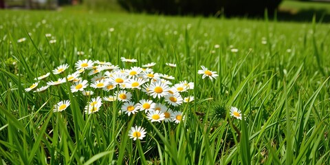 A bed of daisies is nestled among the lush green grass of a sunny field, summer, outdoor