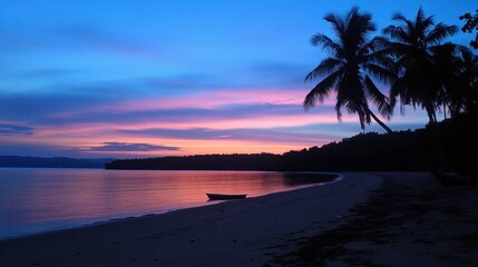Serene Sunset Over Calm Waters with Palm Trees