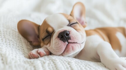 Bulldog puppy snoring while napping on white background - adorable pet moment in cozy setting