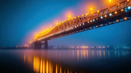 Enchanting nightscape illuminated bridge embraced by fog urban landscape photography serene atmosphere ethereal beauty