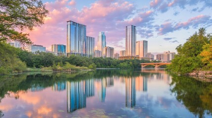 Stunning City Reflections at Sunrise Over the Water