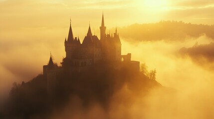 Obraz premium Mysterious fog embracing a golden-hued castle enchanting landscape dreamlike atmosphere serene viewpoint captivating scene