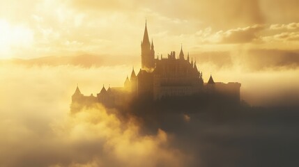 Fototapeta premium Mysterious castle surrounded by fog enveloped in soft golden light - enchanting landscape photography