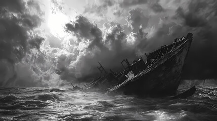 Shipwreck remnants in storm aftermath, desolate ocean scene, remnants of a boat, brooding sky, post-apocalyptic atmosphere, desaturated tones. Dramatic Thunderstorm Scene. Illustration