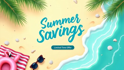 Bright summer savings banner featuring a tropical beach scene with palm leaves, a flamingo float, sunglasses, and seashells. Ideal for seasonal promotions and travel ads.