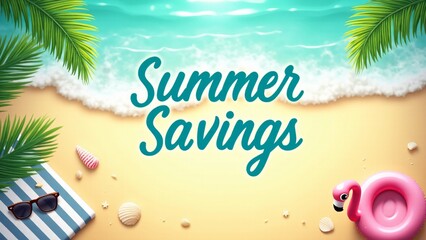 Obraz premium Bright summer savings banner featuring a tropical beach scene with palm leaves, a flamingo float, sunglasses, and seashells. Ideal for seasonal promotions and travel ads.