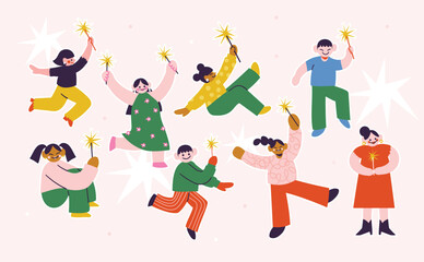 People cheering and celebrating New Year with sparkles