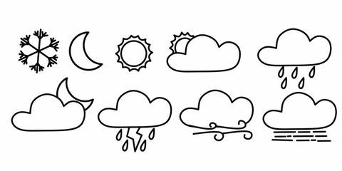 Set of vector icons of weather in various conditions. The design is simple, using black lines on a white background, suitable for various design purposes, such as websites, posters and applications