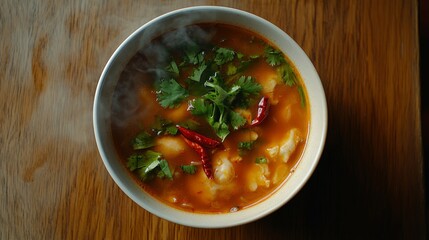 Fresh Hot Soup with Herbs and Red Chilies in White Bowl on Wooden Surface Surrounded by Steam and Flavor, Ideal for Comfort Food and Culinary Imagery