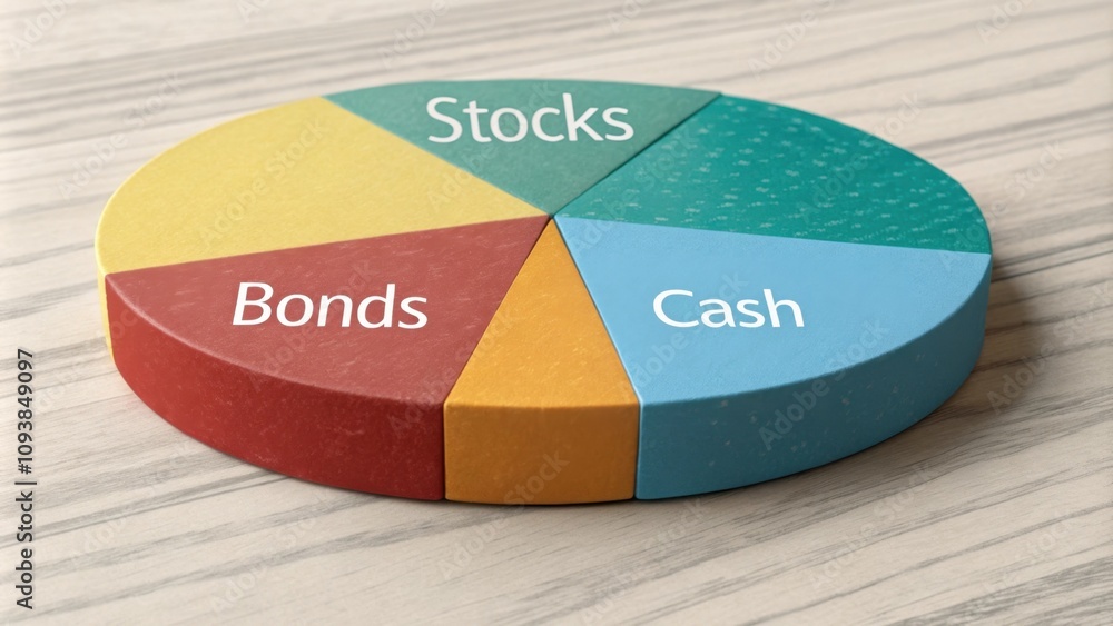 Poster a pie chart divided into sections of various colors representing different asset classes like stocks