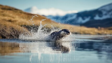 Obraz premium Playful Otter Splashing in Serene Water Scene