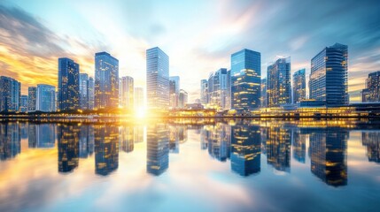 Obraz premium Vibrant City Skyline at Sunset Reflecting on Water
