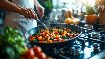 Obraz premium close-up of hands skillfully cooking a colorful vegetable medley, emphasizing the vibrant ingredients and the art of healthy cooking in a modern kitchen setting