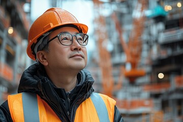  Engineer in reflective vest and hard hat assessing construction site, showcasing professionalism and expertise