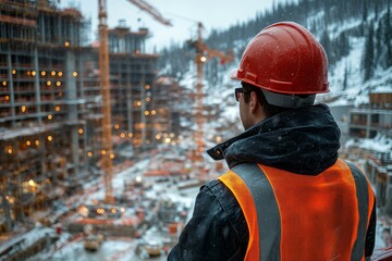  Engineer observing winter construction site with cranes and buildings in progress, wearing safety helmet and vest