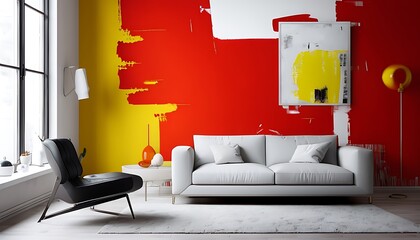 living room with bold wall paint abstract art and minimalist furniture