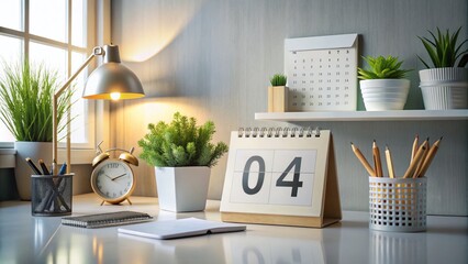 Conceptual Photography of a White Desk Calendar Displaying the Number 4 with Minimalistic Design, Soft Lighting, and a Clean Workspace Atmosphere for Productivity and Organization